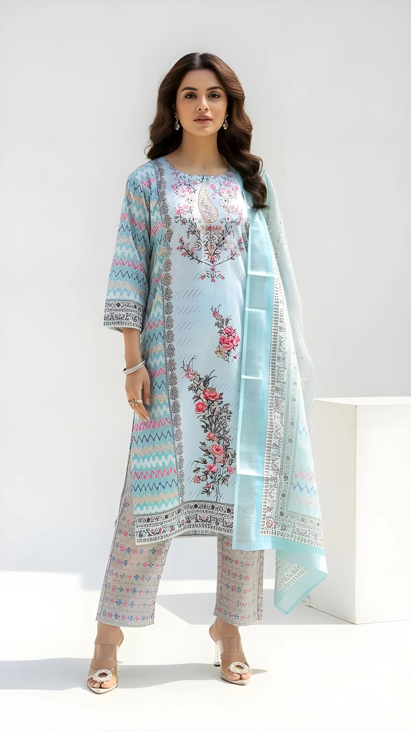 Aqua Petal Kurtha Suit Set