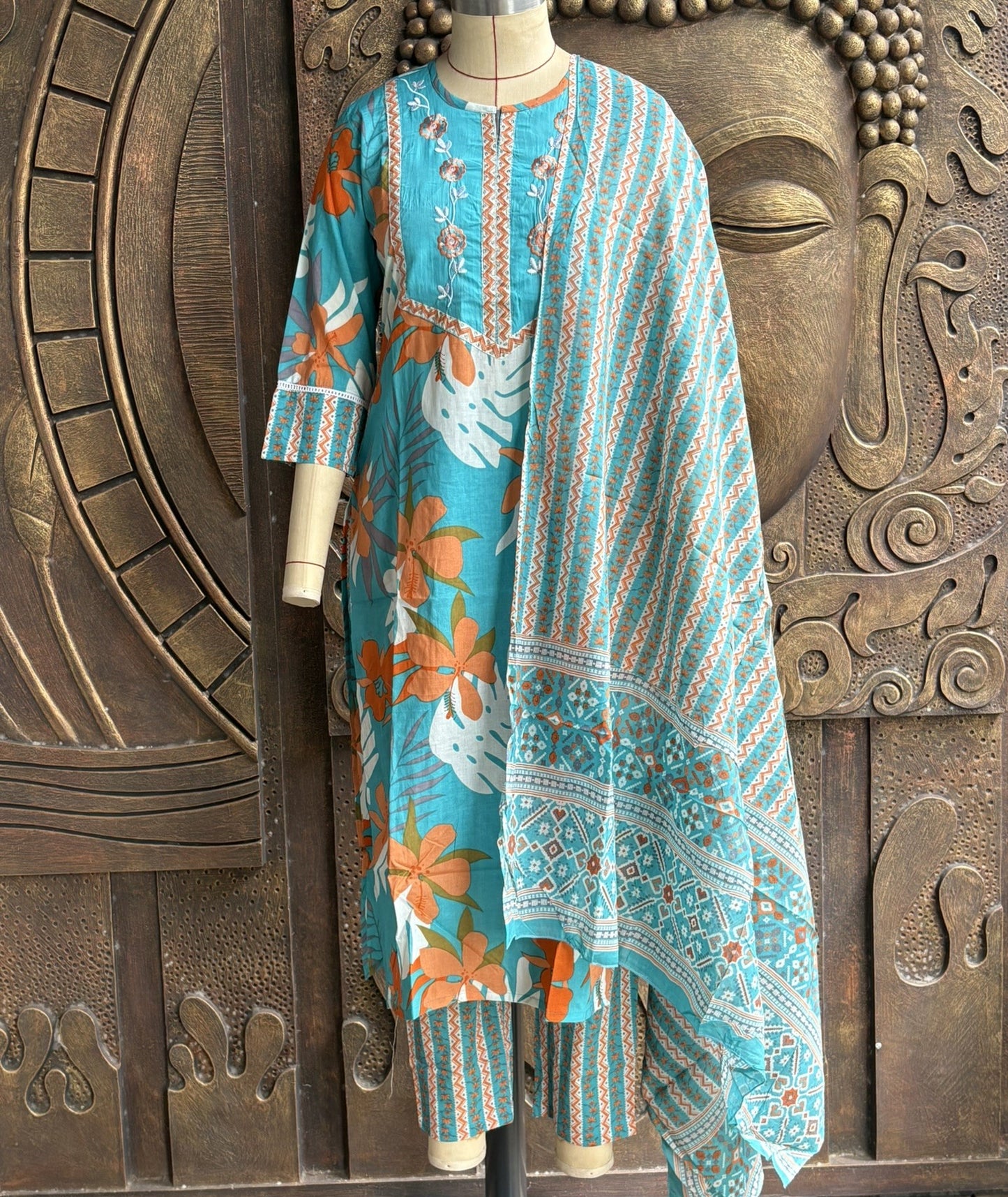 Blue Floral Cotton Kurta Suit Set