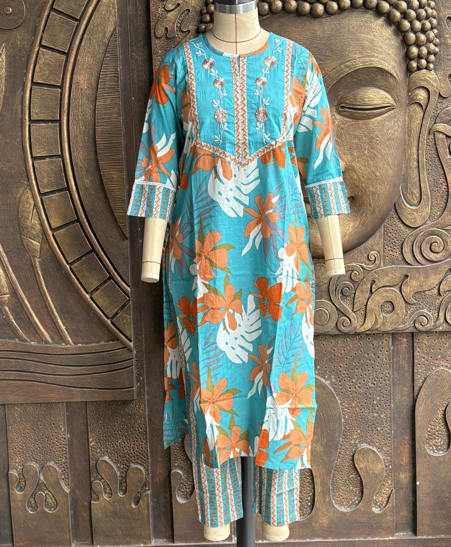Blue Floral Cotton Kurta Suit Set