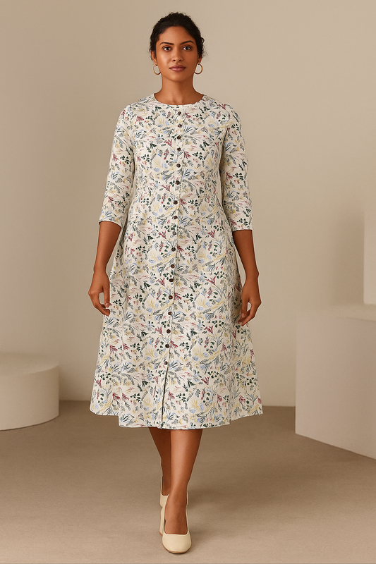 Ecru Botanical Button-down Maxi Dress