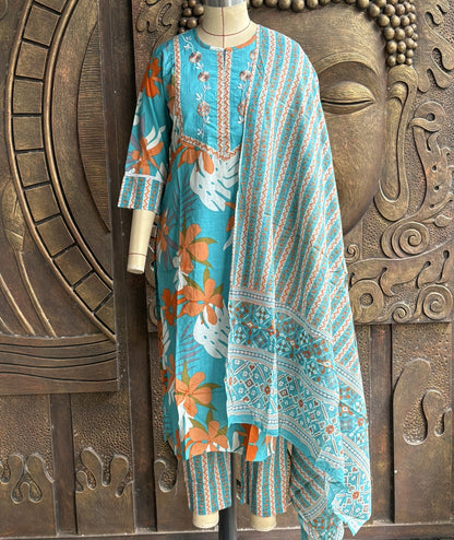 Blue Floral Cotton Kurta Suit Set