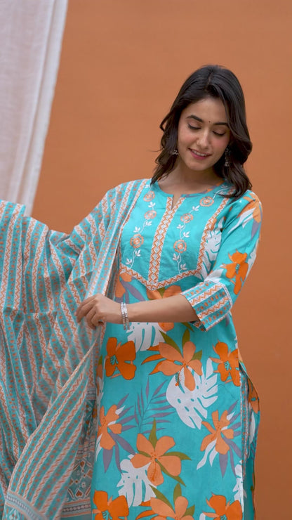 Blue Floral Cotton Kurta Suit Set